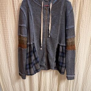 POL Hooded Zip Cardigan in Blue with Brown Accent Stripes